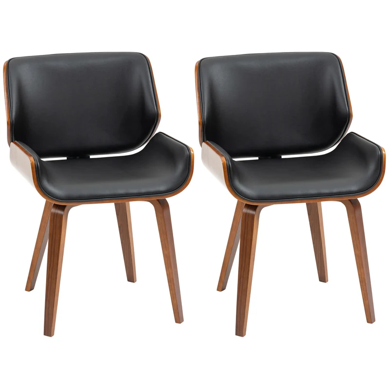 Set di 2 Sedie da Pranzo Stile Vintage Imbottite in Legno e Finta Pelle PU Nero e Marrone