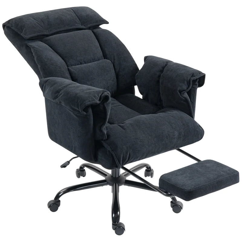Sedia da Ufficio Operativa Reclinabile con Poggiapiedi 75x77x110-118 cm in Tessuto Effetto Velluto Nero