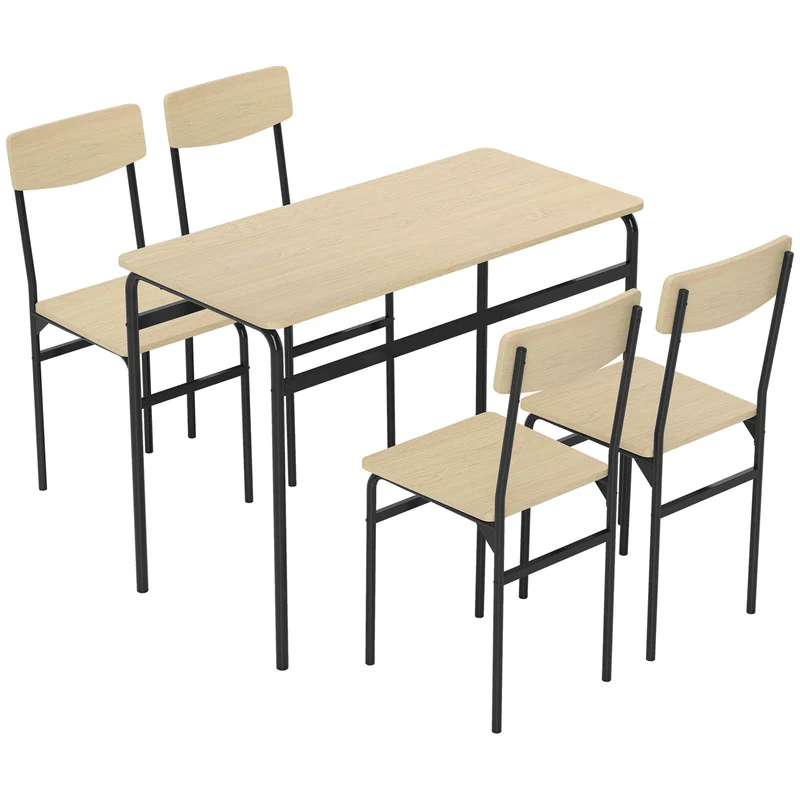 Set da Pranzo 5 Pezzi con Tavolo Rettangolare e 4 Sedie da Pranzo in MDF e Gambe in Metallo Nero e color Legno