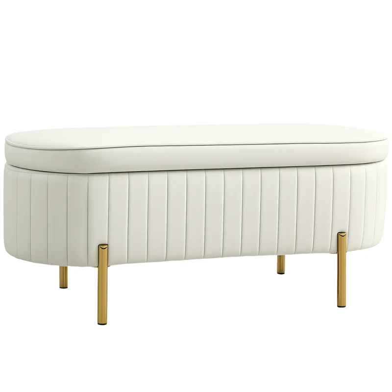 Panca Contenitore Ovale 108x44x43,5 cm con Coperchio Sollevabile in Tessuto Vellutato Crema