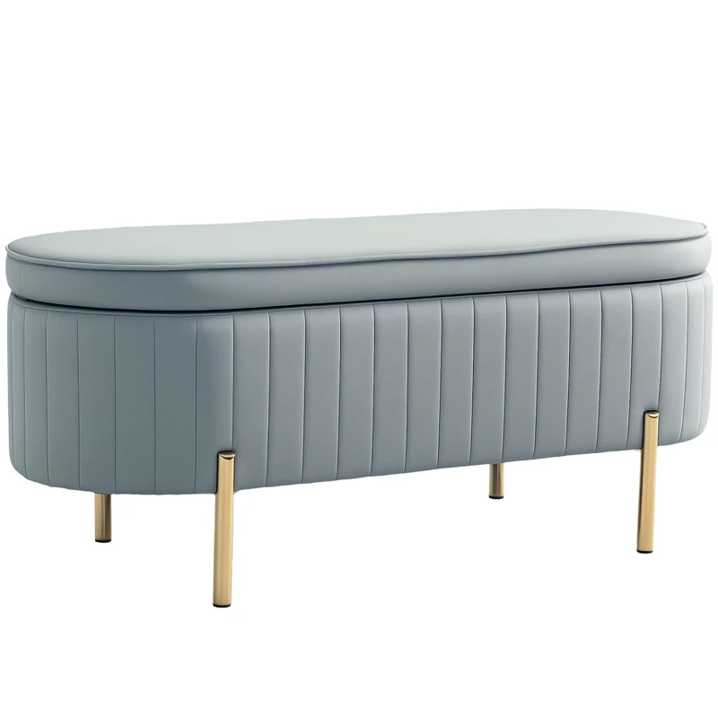 Panca Contenitore Ovale 108x44x43,5 cm con Coperchio Sollevabile in Tessuto Vellutato Grigio