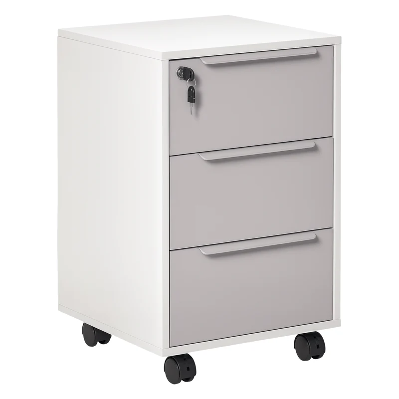 Cassettiera Portadocumenti a 4 Ruote 40x40x63,5 cm a 3 Cassetti con Chiavi di Sicurezza in MDF Bianco e Grigio