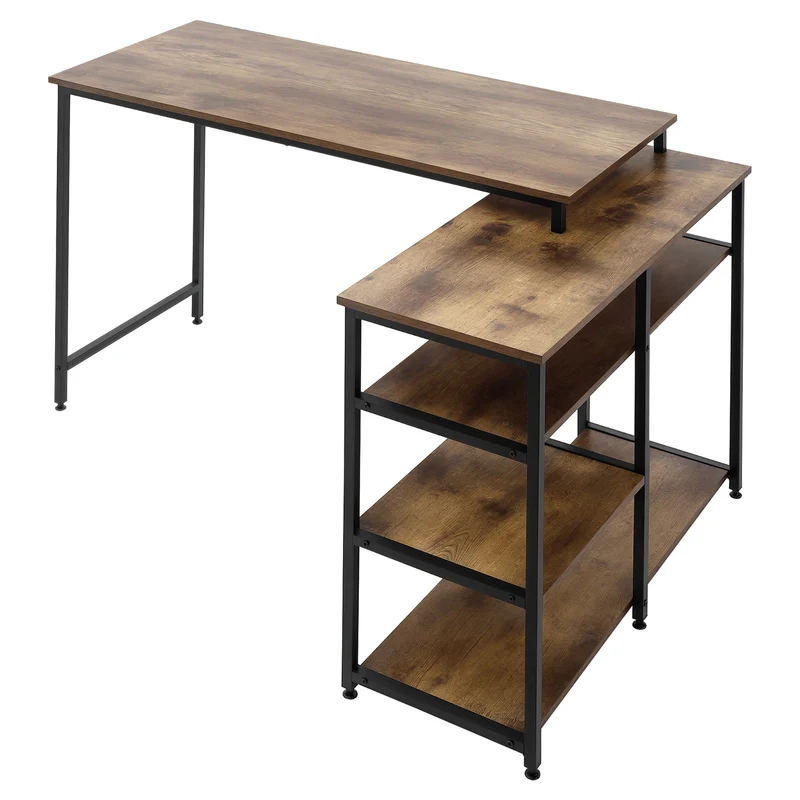 Scrivania Angolare in Stile Industriale 135x90x79 cm con Ripiani a Giorno Telaio in Acciaio Marrone e Nero