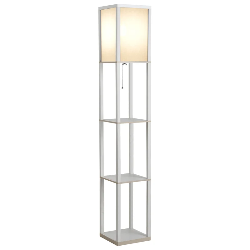 Lampada da Terra con Attacco E27 26x26x160 cm con 3 Mensole e Interruttore a Pedale in MDF e Tessuto Bianco