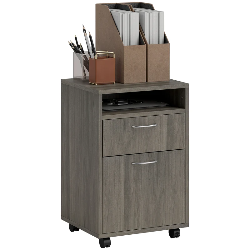 Cassettiera Portadocumenti a 4 Ruote 40x35x60 cm con Ripiano Aperto e Cassetti in Legno e Metallo Grigio