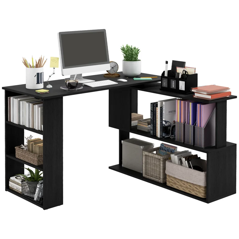 Scrivania Angolare con Piano Girevole a 360° 120x110x74,5 cm Struttura a Ripiani in Legno Ingegnerizzato Nero
