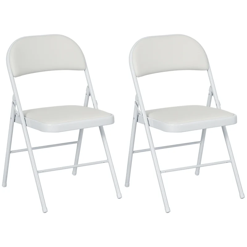Set 2 Sedie Pieghevoli 45x46x78 cm Imbottite in Finta Pelle PU e Metallo Bianco